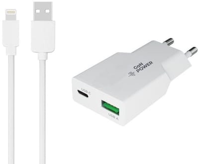 OneOne 36W Lader met USB A en C poort + 0,5m OneOne USB A naar Lightning kabel. USB C voor snelladen. PD PPS lader. GAN oplader adapter past op Apple iPhone 5, iPhone 5c, iPhone 5s, iPhone 6, 6 Plus, 6s, iPhone 7, 7 Plus, iPhone 8, 8 Plus