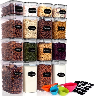 CALIYO Voorraadbussen met Keukenlabel/Lepels - Voorraadpotten Kunststof - Vershoudbakjes - 16 Stuks