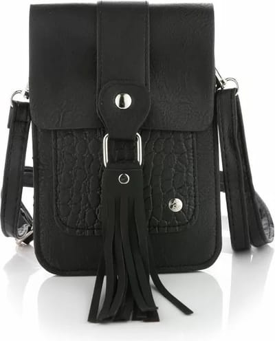 Michelle | Telefoontasje | Crossbody | Effen met croco accent | Franjes | Zwart