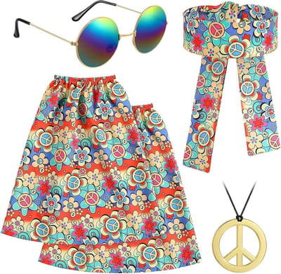 Set van 4 Hippie Kostuums voor Dames met Hoofdband, Legwarmers en Zonnebril voor Carnaval en Feesten
