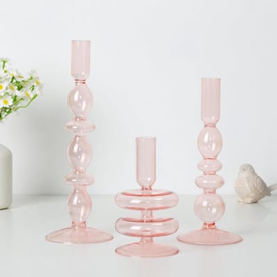 Roze Bubble Glazen Kandelaar Houder - Set van 3 - Voor Taps Toelopende Kaarsen - Kerst Tafel Decoratie