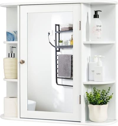 COSTWAY Spiegelkast voor badkamer, 4 vakken en 6 open planken, badkamerkast met spiegel, hangende badkamerkast, hout, 66 x 17 x 63 cm (wit)