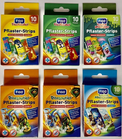 Figo® | 6 x 10 diverse kinderpleisters | Dinosaurus, Dieren, Avonturen, kleine monsters | diverse kleuren en prints | waterbestendig