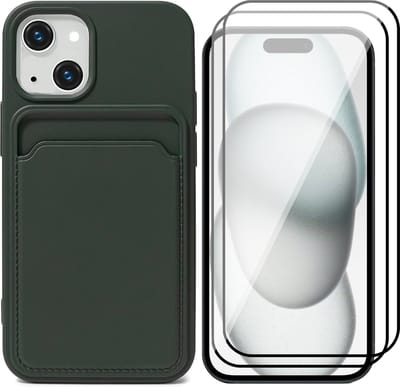 Hoesje Pasjeshouder geschikt voor iPhone 15 - 2x Screenprotector FullGuard - Siliconen Case Back Cover Groen & Screen Protector
