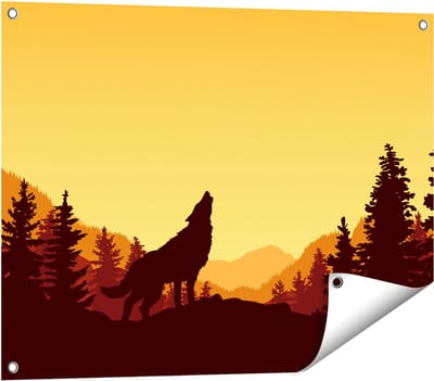 Gards Tuinposter Silhouet van een Wolf in het Bos - Abstract - 80x60 cm - Tuindoek - Tuindecoratie - Wanddecoratie buiten - Tuinschilderij