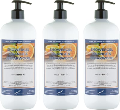 Douchegel Sweet Orange & Cedarwood 1 liter - set van 3 stuks - met gratis pomp - showergel
