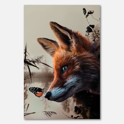 Poster op Papier - 40 x 60 cm - Vos met vlinder op neus - PosterJunkie