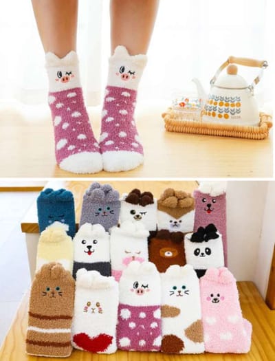 Fluffy sokken dames - 3 paar - giftbox - huissokken - roze - paars - bruin - grijs - leuke print beer - hond - kat - konijn - smile - 36-40 - cadeau voor haar - vaerjaardagscadeau - Kerst cadeau - zacht