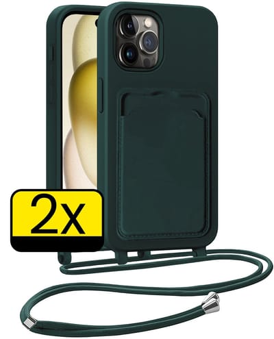 Hoesje Geschikt voor iPhone 14 Pro Telefoonhoesje Met Koord Case Pashouder Siliconen - Hoes Geschikt voor iPhone 14 Pro Hoesje Met Kaarthouder - Donkergroen - 2 Stuks