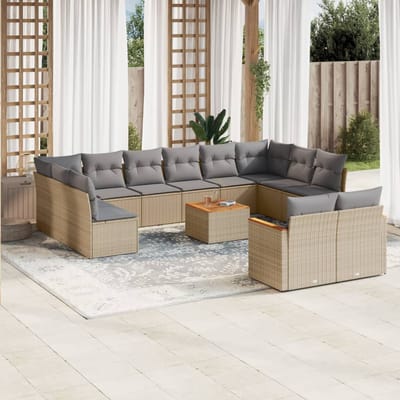 vidaXL - 13-delige - Loungeset - met - kussens - poly - rattan - gemengd - beige