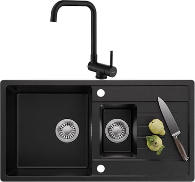 CECIPA MAX Spoelbak Met Kraangat - Granieten Keuken 86x45CM - 1.5 Spoelbak Keuken Met Keukenkraan - Met Afdruiprek en Waterafvoersysteem - 80% Kwarts Zand Spoelbak Keuken - Zwart