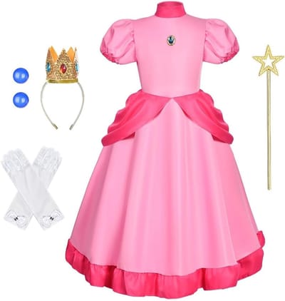 Prachtige Roze Prinsessenoutfit voor Meisjes, 5-delig Kostuum met Handschoenen, Kroon, Broche en Scepter, Ideaal voor Cosplay en Feestjes