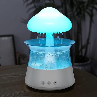Rain Cloud luchtbevochtiger, regendruppels, geluidsbevochtiger, aromatherapie, etherische oliediffuser met 7 kleurlichten, nano-mist, helpt bij het slapen en ontspannen, voor thuis, kantoor, kamer，wit