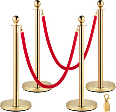 VEVOR Crowd Control Stanchion Barrières voor Menigtecontrole Rvs Bolders Goud 4 Stuks Staanders Fluwelen Touwen Rood 1,5 m