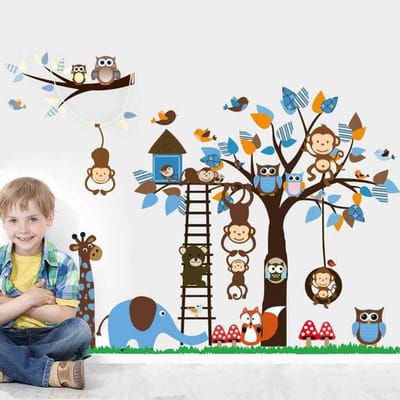 Muursticker voor kinderkamer - Dierensticker voor op de muur - 180/95CM - in 4 delen - XXL sticker voor op de muur - Apen - Boom - CHPN