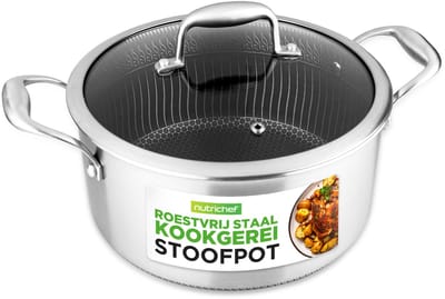 NutriChef Stoofpot - 5L Kookpan met Glazen Deksel - Gravure Anti-aanbak Coating, Krasbestendig
