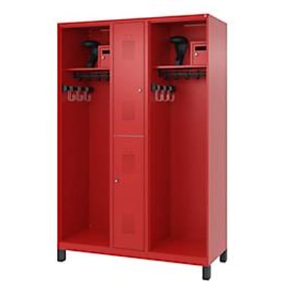 Brandweerkluis C+P Evolo Maxi, 4 vakken voor 2 personen, met helmhouder, met voeten, B 1300 x D 500 x H 1950 mm, RAL 3000 vuurrood/RAL 7021 zwartgrijs