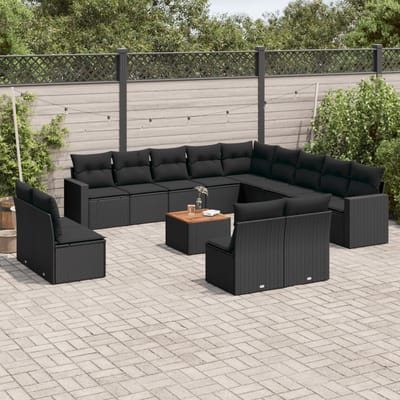 vidaXL - 14-delige - Loungeset - met - kussens - poly - rattan - zwart