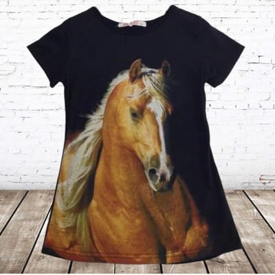 Lang meisjes t-shirt met paard zwart - Zwart - 98/104
