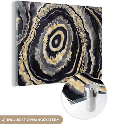 MuchoWow® Glasschilderij 120x90 cm - Schilderij acrylglas - Agaat - Goud - Geode steen - Marmer - Foto op glas - Schilderijen
