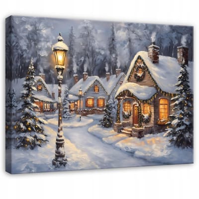 WALLARENA - Schilderij op canvas - 100x70 cm - winterlandschap stad kerst - Geschikt voor slaapkamer en woonkamer