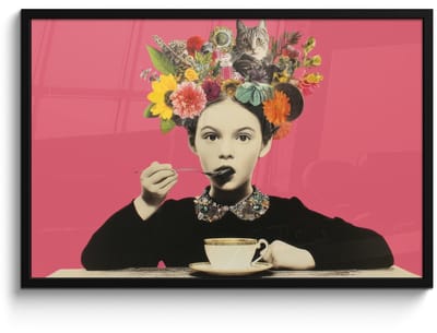 Poster in lijst - Fotolijst 90x60 cm - Posters - Meisje - Kopje - Bloemen - Roze - Posterlijst zwart - Decoratie - Wanddecoratie woonkamer - Muurdecoratie slaapkamer