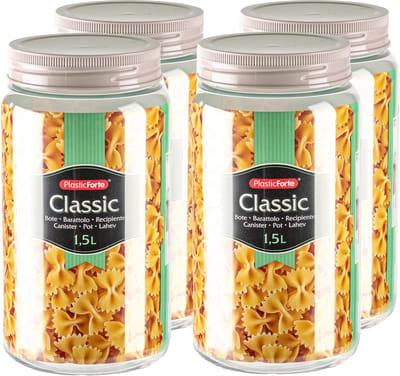 Plasticforte voedsel voorraadpot - 4x - weckpotten - beige - 1500 ml - kunststof - met draai deksel - 11 x 20 cm