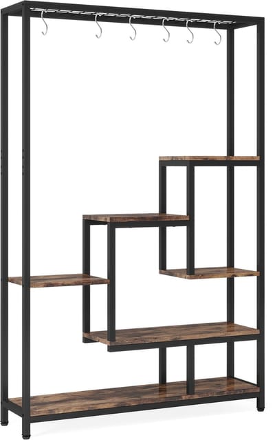 MAZAZU Plantenrek – Grote Bloemenstandaard – Met 6 S-haken – Zwart/Houtkleur –100x30x180cm