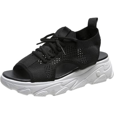 Été femmes sandales maille chaussures décontractées blanc à semelles épaisses à lacets Sandalias bout ouvert chaussures de plage pour les femmes nouveau Zapatos Mujer 36 noir