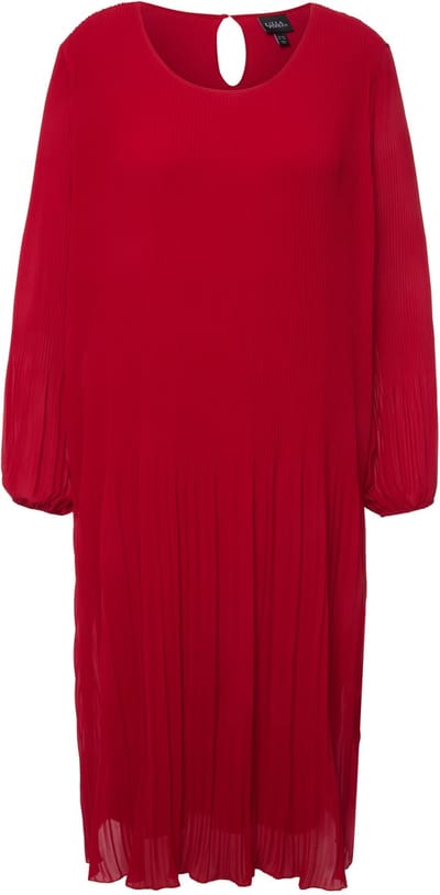 Ulla Popken - Dames - Geplooide midi-jurk A-lijn ronde hals lange mouwen - Rood - Maat 50+