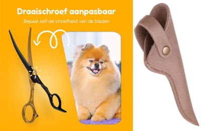 Professionele Hondenschaar – Ergonomische Kromme Trimschaar Rechts – Omhoog Gebogen – Zwart/Goud – Inclusief Luxe Lederen Etui – 16,5 cm – Brons