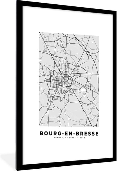 Fotolijst incl. Poster - Bourg-en-Bresse – Plattegrond – Frankrijk – Kaart – Stadskaart - 60x90 cm - Posterlijst