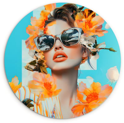 WallCircle® Wandcirkel 120x120 cm - Muurcirkel Bloemen - Vrouw - Zonnebril - Blauw - Muurdecoratie woonkamer - Wanddecoratie slaapkamer - Kamer decoratie accessoires - Ronde schilderijen XXL