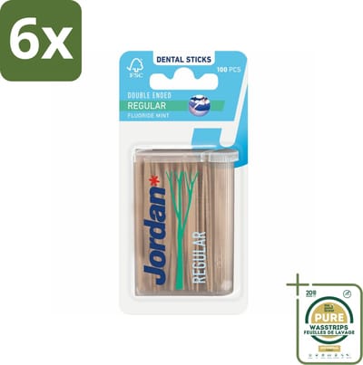Jordan Tandenstokers Double Ended Regular 100 stuks per verpakking - Voordeelverpakking - 6 stuks - Tanden reinigen - Tandplak verwijderen