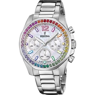 Festina F20606/2 Dames Horloge - Chronograaf - Mineraalglas - Roestvrijstaal/Staal - Zilverkleurig - Ø 38 mm - Quartz - Vouw/Vlindersluiting