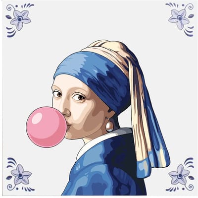 Delfts blauw tegeltje Meisje met de parel kauwgom - delfts blauw wandbord - delftsblauw - hollandse cadeautjes - wanddecoratie - decoratieve accessoires