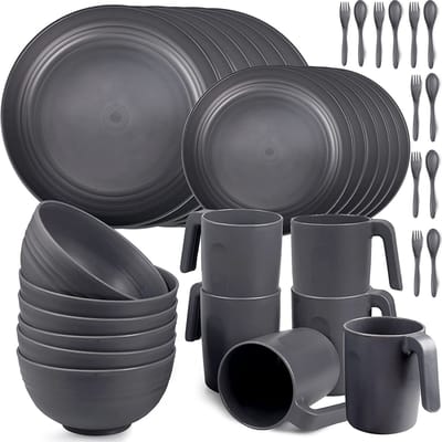 SnelShoppen - 36 Stuks Onbreekbare Serviessets voor 6 Personen, Lichtgewicht Campingborden, Kommen, Kopjes, Bestekset (Grijs) voor Picknick, Barbecue,