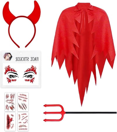 Feminine Duivel Kostuum - Compleet Kostuum met Rode Duivelscape, Hoofdband, Drakenstip, Drietand en Littekens Stickers - Ideaal voor Halloween en Feestjes