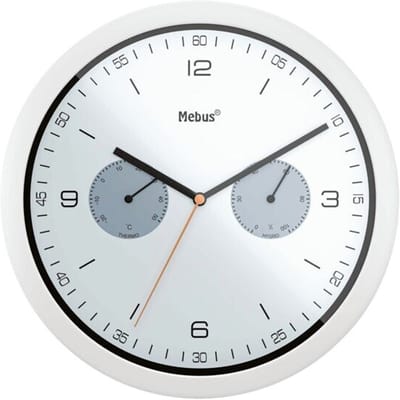 Mebus quartz wandklok met thermometer en hygrometer / Kunststof / Rond / Model: 16101 / Kleur: Wit, 26 cm diameter