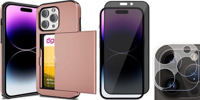 Hoesje met Pasjeshouder geschikt voor iPhone 14 Pro - Privacy Screenprotector FullGuard & Camera Lens Screen Protector - Back Cover SlideCase Roségoud