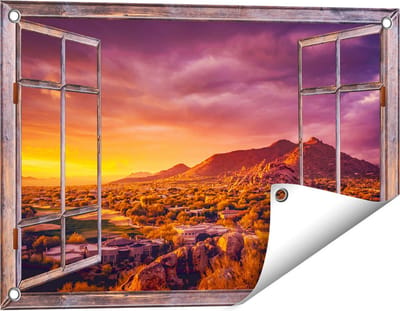 Gards Tuinposter Doorkijk Woestijn Landschap met Zonsondergang - 60x40 cm - Tuindoek - Tuindecoratie - Wanddecoratie buiten - Tuinschilderij
