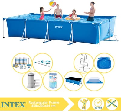 Intex Rechthoekig Frame Zwembad - 450 x 220 x 84 cm - Blauw - Inclusief Solarzeil - Onderhoudspakket - Zwembadfilterpomp - Filter - Grondzeil - Schoonmaakset - Ladder - Voetenbad - 9-delig