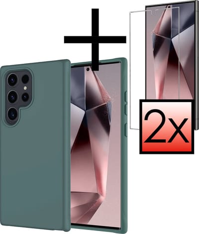 Hoesje - Met 2x Screenprotector - Geschikt voor Samsung Galaxy S24 Ultra - Sterk & Shockproof - Back Cover - Siliconen Case - Telefoon Hoes - Donkergroen