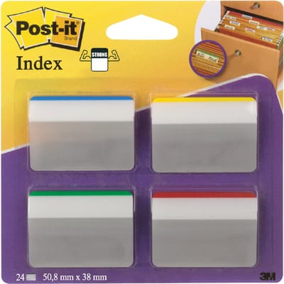 Post-it® Index Strong, Voor Hangmappen, Gebogen, Blauw, Groen, Rood, Geel, 38 x 50,8 mm, 6 Tabs/Kleur/Pak