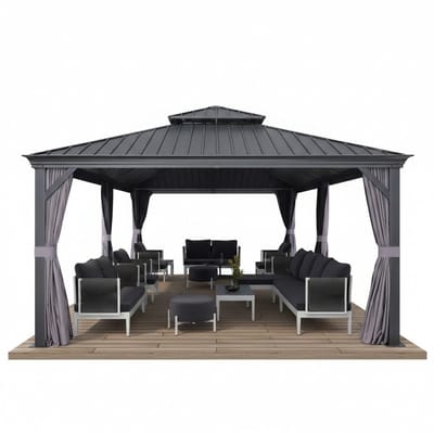 PURPLE LEAF Hardtop Aluminium Tuinpaviljoen – Dubbel dak – Hoogwaardige Gordijnen – Wind- en weerbestendig – Luxueus Grijs