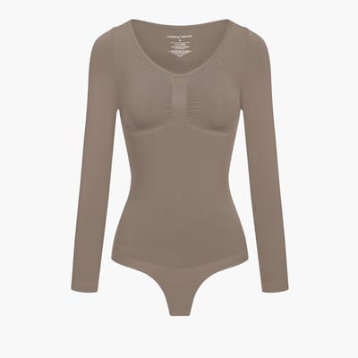 cfab - Bodysuit met corrigerende werking, lange mouwen en koordje - Taupe - XS