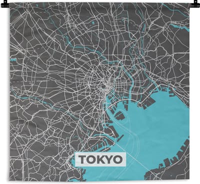 Wandkleed - Wanddoek - Tokyo - Blauw - Stadskaart - Kaart - Plattegrond - 180x180 cm - Wandtapijt