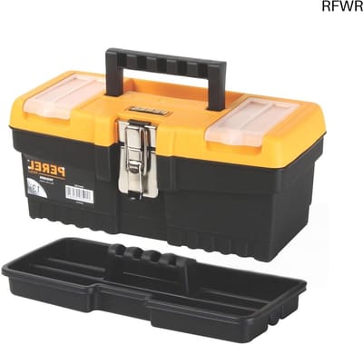 RFWR® Gereedschapskoffer met Organizers - Lege Toolbox voor Gereedschap - Kunststof Opbergkoffer met Metalen Sluiting en Ergonomische Handgreep - Zwart/Oranje - 320 x 155 x 139 mm
