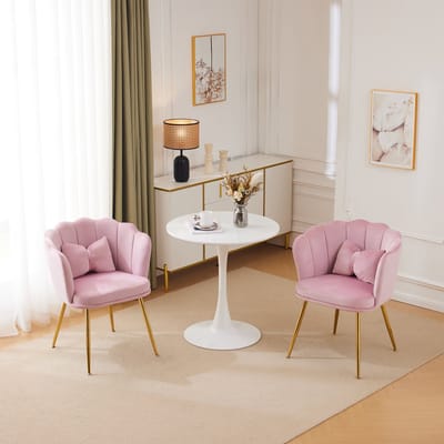 MODENUIT Fauteuil – Bloemblaadjes Rug – Set Van 2 – Met Kussen En Metalen Poten – Voor Woonkamer – Fluweel Roze