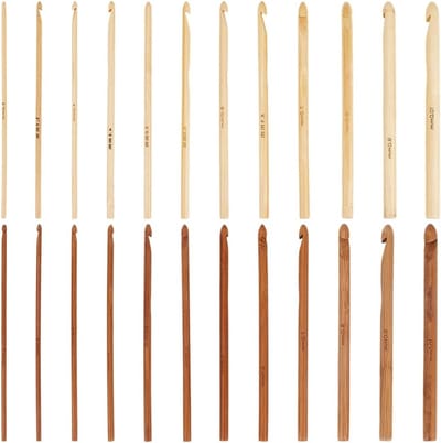 Set van 24 Gecarboniseerde Bamboe Haken in 2 Kleuren, Ideaal voor Breiprojecten en Haken van 3 tot 10 mm, Inclusief 12 Houten Steekmarkeerders